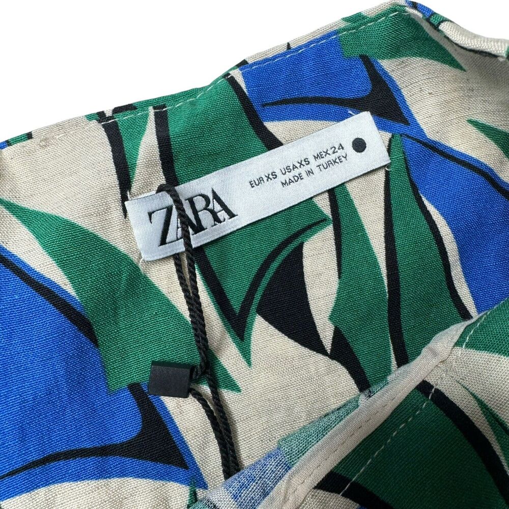 Zara Women XS High waisted linen Blend tan Green back Zip Casual Shorts New - Picture 4 of 6